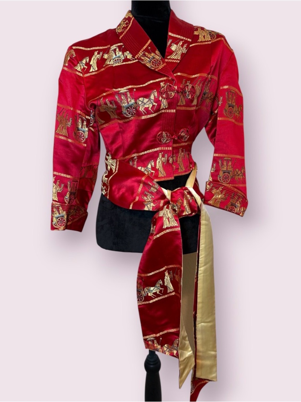 Dynasty Mid-Century Asian Luxury Cropped Jacket Red Gold Waist Wrap Sash Medium